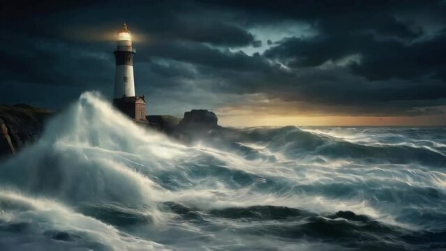 lighthouse on a coral hill by the sea with big waves and dark sky