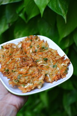 Hand holding a plate of vegetable fritter or bakwan sayur 