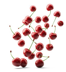 Cherries floating isolated on white background, Healthy organic berry natural ingredients concept, AI generated, PNG transparent with shadow