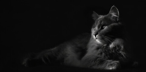 Cute grey fluffy cat. Key lighting on a black background. Photorealistic low key illustration. Generative AI.