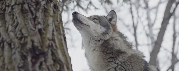 The gray wolf in the forest is roaring in winter