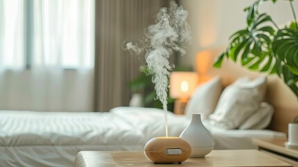 Aroma oil diffuser on table against in minimalist bedroom interior background
