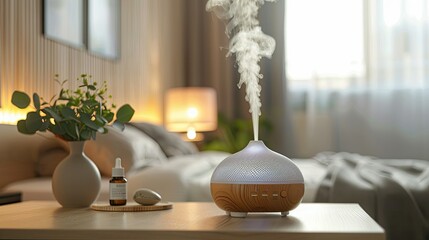 Aroma oil diffuser on table against in minimalist bedroom interior background