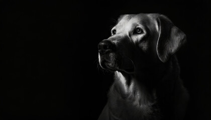 Cute white labrador fluffy dog. Key lighting on a black background. Photorealistic low key illustration. Generative AI