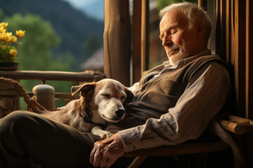 Devotion and loneliness. A dog sleeps on the lap of his elderly gray-haired owner
