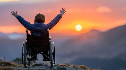 Child in wheelchair enjoying sunset with serene mountain landscape in the background