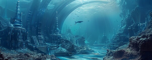 Bring to life the mystery and wonder of discovering advanced civilizations in the unexplored depths of Earths oceans Imagine a long shot showcasing underwater cities, futuristic technology, and marine - obrazy, fototapety, plakaty