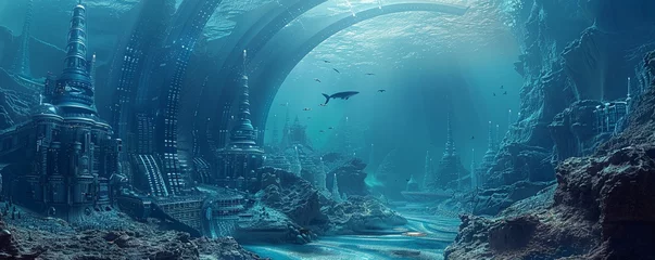 Foto op Canvas Bring to life the mystery and wonder of discovering advanced civilizations in the unexplored depths of Earths oceans Imagine a long shot showcasing underwater cities, futuristic technology, and marine © panyawatt