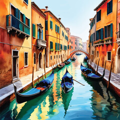 Venice canals with gondola in watercolor