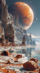 Craft a visually striking graphic displaying a worms-eye view of a terraformed Mars gone awry Integrate imaginative elements such as mutated wildlife or distorted landscapes to spark intrigue and conv