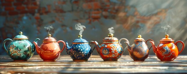 Craft an image featuring a variety of teapots, each uniquely designed to brew teas that transport the drinker to a state of profound peace Include subtle details like swirling patterns and delicate te - obrazy, fototapety, plakaty