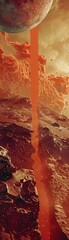 Design an immersive image portraying a worms-eye view of Mars, highlighting the unintentional outcomes of terraforming efforts Use contrasting colors to emphasize the clash between nature and human in