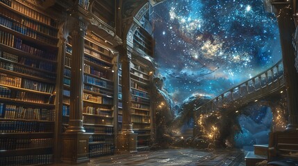 Evoke a sense of marvel and intrigue through an eye-level angle that reveals the remarkable discovery of a galactic library Infuse the image with a blend of cosmic beauty and scholarly significance, d - obrazy, fototapety, plakaty