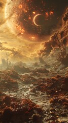 Craft a visually striking graphic displaying a worms-eye view of a terraformed Mars gone awry Integrate imaginative elements such as mutated wildlife or distorted landscapes to spark intrigue and conv