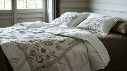 Bed with brown cover sheet white and gray embroidered