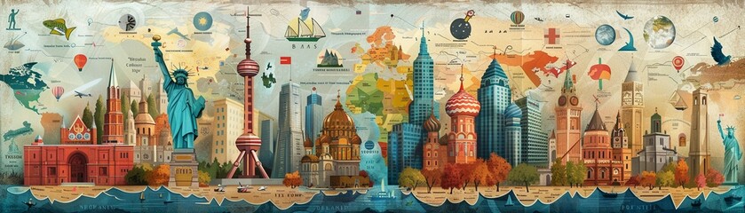 Illustrate the narrative of international diplomacy with a panoramic image showcasing key moments such as peace treaties, alliances, and historical agreements Incorporate symbols representing differen