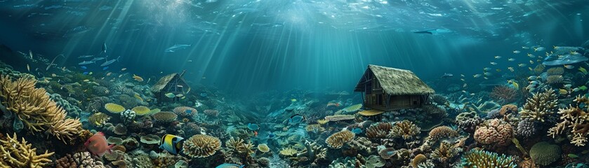 Evoke a sense of awe and wonder with a high-angle portrayal of flourishing underwater settlements Highlight the ingenuity and perseverance required to build and sustain vibrant communities amidst the  - obrazy, fototapety, plakaty