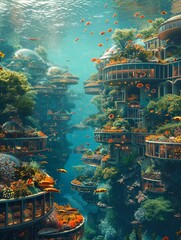Delve into the depths of creativity with a high-angle view showcasing the challenges and triumphs of underwater settlements Capture the essence of innovation and resilience beneath the waves - obrazy, fototapety, plakaty