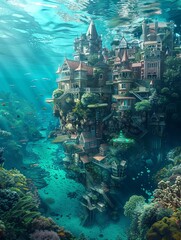 Delve into the depths of creativity with a high-angle view showcasing the challenges and triumphs of underwater settlements Capture the essence of innovation and resilience beneath the waves - obrazy, fototapety, plakaty