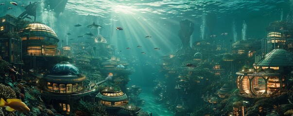 Bring to life the vision of futuristic underwater communities through a high-angle perspective Portray the daily struggles and successes of inhabitants striving to make their homes beneath the sea thr - obrazy, fototapety, plakaty