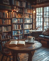 Capture the cozy sophistication of a literary cafe with a tilted angle view Show a warm atmosphere filled with books, steaming coffee, and creative minds mingling - obrazy, fototapety, plakaty