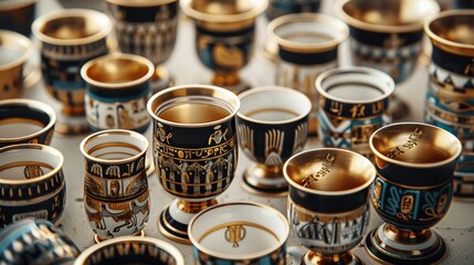 Design a captivating aerial view of cups inspired by ancient Egyptian civilization Incorporate hieroglyphic motifs and gold accents for a luxurious feel Make it regal and timeless - obrazy, fototapety, plakaty