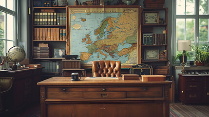Office with a map of Europe in the background- library - stylish - geography - European background 