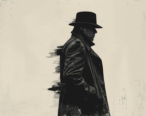 Design a compelling side view graphic for a detective novel cover, with a mysterious silhouette in a trench coat and fedora hat, lurking in the shadows Emphasize a sense of intrigue and suspense - obrazy, fototapety, plakaty