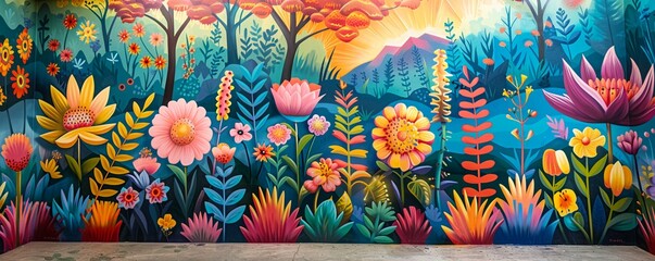 Capture a vibrant mural from a low-angle view, symbolizing the impact of art education on communities Show creativity blossoming from every corner