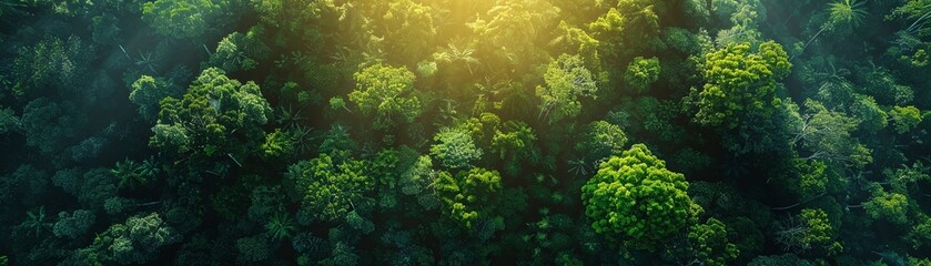 Highlight the lush greenery of a dense rainforest canopy, with sunlight filtering through the leaves, conveying the untouched and vibrant ecosystem in its full glory - obrazy, fototapety, plakaty