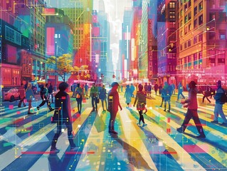 Design a dynamic composition featuring a diverse group of individuals interacting with emotion-modulating technology in a bustling urban environment Use vibrant colors and intricate details to capture - obrazy, fototapety, plakaty
