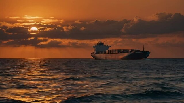 Fully loaded cargo ship crossing the ocean against the backdrop of the twilight sky and sunset