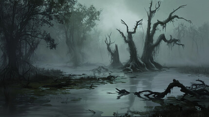 The swamp shrouded in eternal mist from which skeletal trees stretched out. Generative Ai - obrazy, fototapety, plakaty