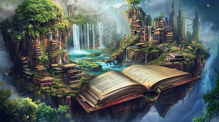 A dusty forgotten old book reveals beautiful fantasy world filled floating islands. Generative Ai - obrazy, fototapety, plakaty