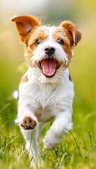 Playful beagle dog happily running and frolicking in the lush, vibrant green grass field