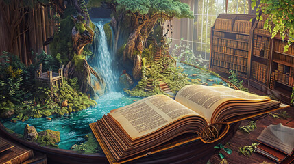A dusty old book and magical waterfalls. Generative Ai
