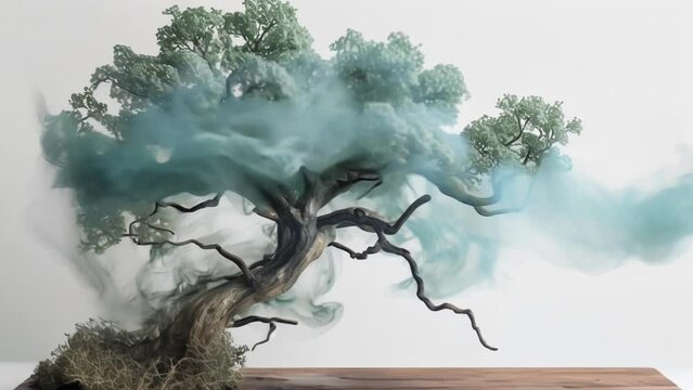 Wispy strands of algae varying in shades from light aquamarine to deep forest green d over a wooden frame to form a majestic lifelike tree sculpture serving as a symbol of