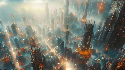 Visionary concept of a futuristic metropolis with interconnected buildings and advanced transportation systems bathed in ethereal light. - obrazy, fototapety, plakaty