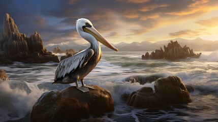 Graceful Pelican: Majestic Bird Perched on a Rocky Outcrop Amidst Flowing River Waters, Captivating Natural Beauty and Serenity - obrazy, fototapety, plakaty