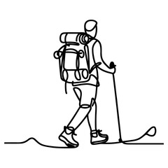 one continues black line drawing hiking man with back page at mountain landscape forest outline doodle vector illustration on white background