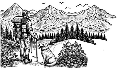 one continues black line drawing hiking man with back page at mountain landscape forest outline doodle horizontal vector illustration on white background