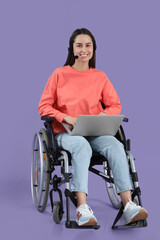 Female technical support agent in wheelchair with headset and laptop on lilac background