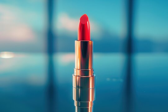 Red lipstick on blue background. Retro fashion beauty product photography for online sale promotion. Social media banner design. - Powered by Adobe