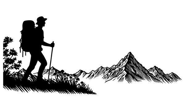 one continues black line drawing hiking man with back page at mountain landscape forest outline doodle horizontal vector illustration on white background