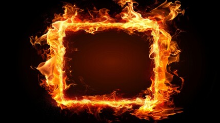 Rectangular frame outlined by fiery burning flames set against a dark background