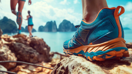 Close-up of running shoes with a man and woman walking in the background. - obrazy, fototapety, plakaty