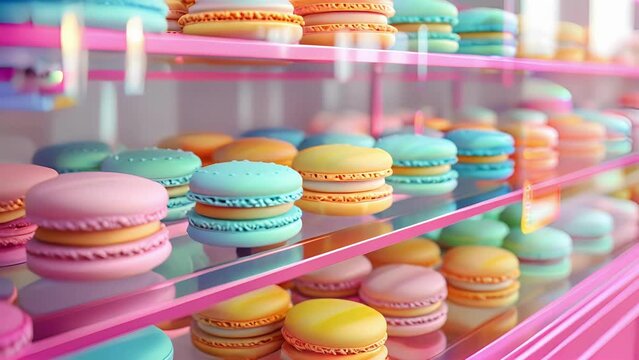 A display case filled with an assortment of brightly colored macarons and handdecorated sugar cookies.
