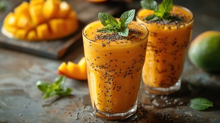 Refreshing and healthy mango smoothie in tall glasses