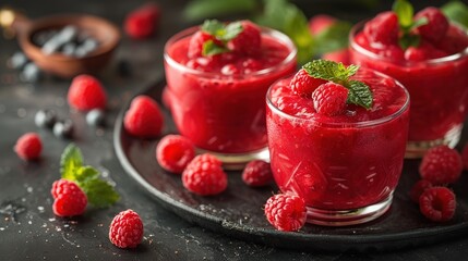 Beautiful appetizer pink raspberries fruit smoothie or milk shake in glass jar with berries