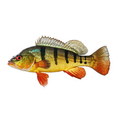 Fototapeta premium Peacock Bass Cichlid on Transparent background PNG Generative AI